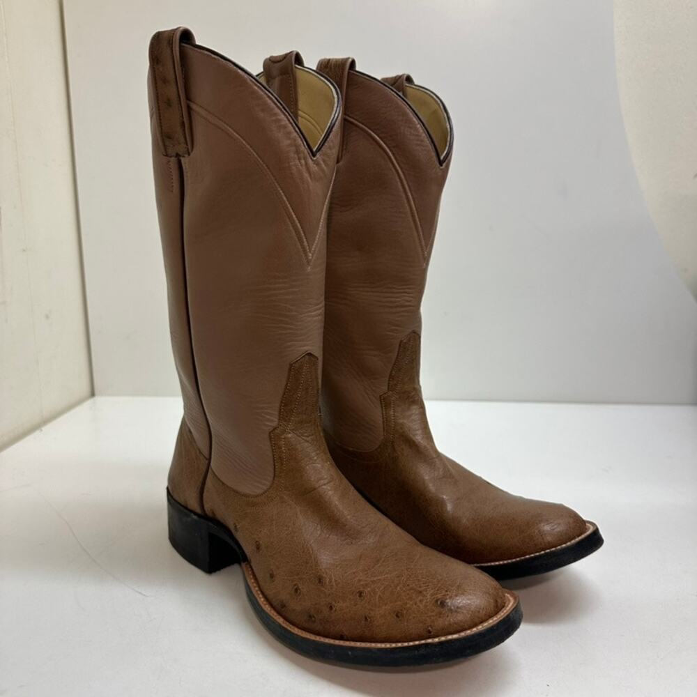 EXCELLENT Rios of Mercedes Brown Full Quill Ostrich Roper Exotic Boot 7.5 Narrow